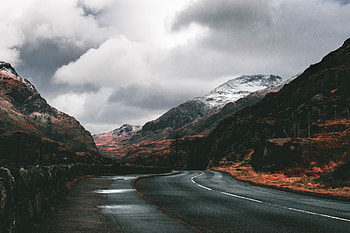 Lone road, landscape, green trees, mountains, nature HD wallpaper