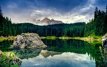 Nature, Mountains, Rock, Lake, Coniferous, Forest, Stone, Water Surface, Middle, Lump HD wallpaper