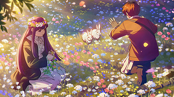 Frieren 2nd Season - Fern and Stark With Flowers and Bunny Playful, Frieren: Beyond Journey's End, Playful, Bunny, Flower, Anime HD wallpaper