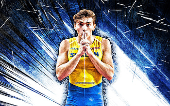 Armand Duplantis, grunge art, Sweden National Team, blue abstract rays, swedish pole vaulter, Mondo, athlete, athletics, Armand Duplantis HD wallpaper