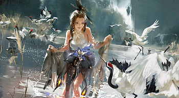 Dancing with the cranes, xiye, frumusete, art, bird, cranes, gorgeous, girl, superb, xi ye, fantasy, pasari, water HD wallpaper