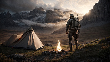Camping, soldier, camp, campfire, mountain, tent HD wallpaper