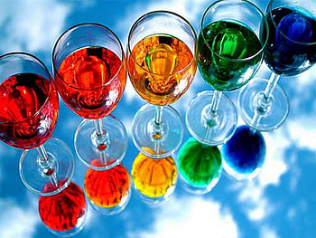 Take your pick, blue, colored, drinks, reflections, wine glasses, bright, green, yellow, red, clouds, sky HD wallpaper