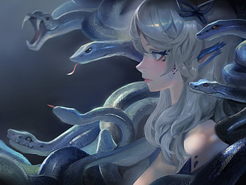 Medusa, snake, blue, tue art, anime, tuesrt, face, girl, gorgona HD wallpaper