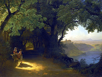 Travelers, art, people, tree, painting, pictura, green, yellow, couple, luminos, donkey HD wallpaper