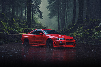 Rainy forest AI generated Nissan Skyline R34 GTR., JDM HD wallpaper