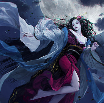 Moon goddess, blue, pink, fantasy, art, luminos, girl, park pyeongjun HD wallpaper