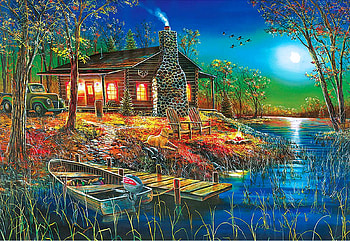 After Dark, river, boat, pier, cabin, sunrise, artwork, painting, trees, sun HD wallpaper