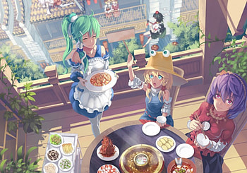 Let's Eat, kitchen, dress, beauty, nice, team, plate, apron, group, hungry, happy, table, sweet, smile, house, delicious, girl, beautiful, food, kawaii, anime girl, maid, anime, pretty, touhou, friend, lovely, home HD wallpaper