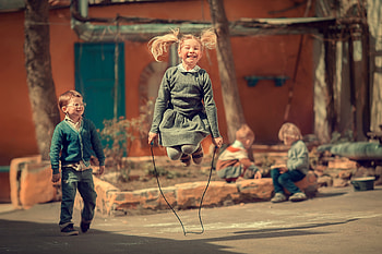 Childhood, children, rope, blonde, cute, girl, copil, little, boy, jump, child HD wallpaper