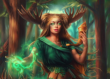 Druidess, horns, girl, fantasy, green, mara art, raluca marinescu, luminos, forest HD wallpaper