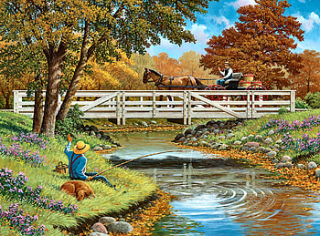 Howdy Neighbor F, river, horse, architecture, art, dogs, landscape, beautiful, illustration, artwork, scenery, wide screen, painting, pets, equine, bridge, canine HD wallpaper