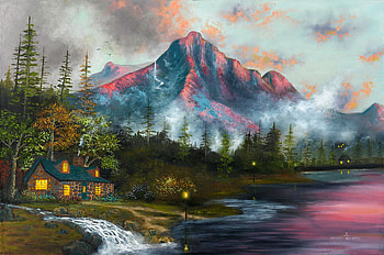 Majestic Mountain Stream, artwork, river, digital, landscape, trees, mountains, cabin HD wallpaper