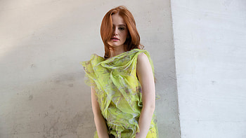 Redhead Madelaine Petsch Girl Model Is Wearing Light Green Dress Standing In Wall Background Girls HD wallpaper