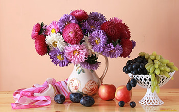 still life, asters, apples, grapes HD wallpaper