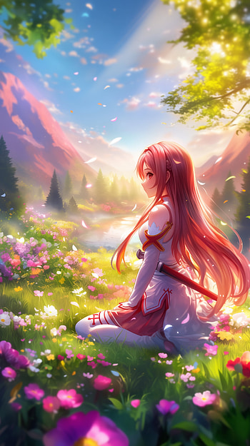 Asuna Yuuki in Serene Anime Landscape – Sword Art Online , Anime, Sword Art Online, Asuna Yuuki, anime landscape HD phone wallpaper