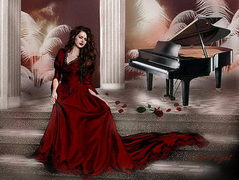 Red sonata, lady, music, sonata, piano, musician, red, stage, woman HD wallpaper