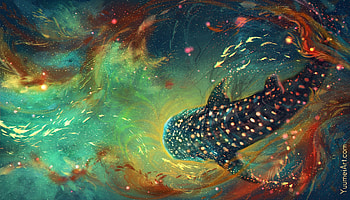Birth of a nebula, blue, art, orange, view from the top, summer, yuumei, pesti, green, fish, water, vara HD wallpaper