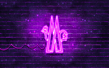 Moncler violet logo, , violet brickwall, Moncler logo, brands, Moncler neon logo, Moncler HD wallpaper