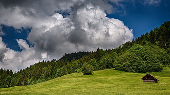 Mountains Landscape, landscape, rainy, clouds, nature, sky, cottage, mountains, splendor, forest HD wallpaper