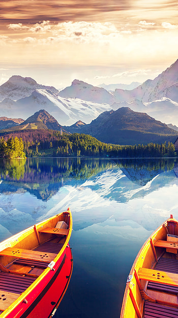Mountains boats lake, Tree nature, Sony Xperia Z5, Premium dual HD phone wallpaper