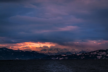 Clouds, sunset, mountains, sea, nature HD wallpaper
