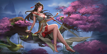 Fantasy girl, fantasy, tang xing, blue, pink, frumusete, luminos, girl HD wallpaper