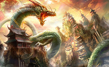 Houses, Fantasy, Sky, Beams, Rays, To Fall, Mouth, Dragon HD wallpaper