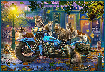 Cats and Motorcycle, artwork, kitten, restaurant, painting, lamp, street, village, evening HD wallpaper
