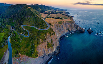 Pacific Ocean, coast, evening, sunset, mountains, road, seascape, California, USA HD wallpaper