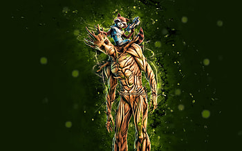 Groot with Rocket, , green neon lights, Fortnite Battle Royale, Fortnite characters, Groot with Rocket Skin, Fortnite, Groot with Rocket Fortnite HD wallpaper