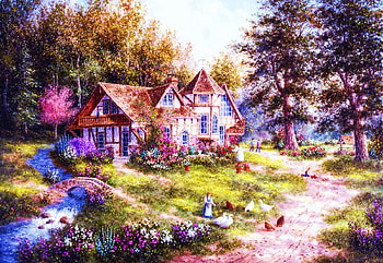 Glacier Ridge Manor, trees, nature, painting, house, flowers HD wallpaper