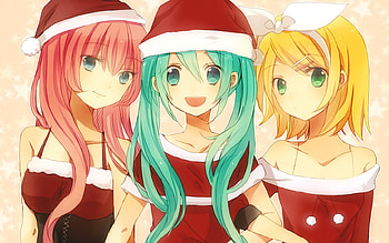 Merry Christmas Vocaloids, merry christmas, blond hair, hatsune miku, vocaloid, pink hair, anime, aqua hair, megurine luka, aqua eyes, kagamine rin, girls, green eyes HD wallpaper