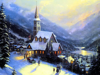 Sunny winter day, rays, winter, sunny, sunlight, peaks, church, houses, nice, shopping, day, reflection, painting, snow, cottaghe, new year, frost, slopes, frozen, house, cold, beautiful, people, lake, mountain, christmas, lovely, village HD wallpaper
