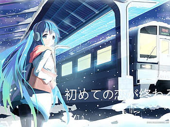Hatsune Miku, surpised, heads, blue hair, train, vocaloid, long hair, anime, snow HD wallpaper