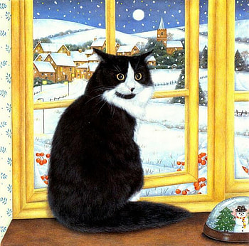 Near the window * By Anne Mortimer, kitten, winter, anne mortimer, feline, cat, church, tender, snowman, love, snow, christmas HD wallpaper