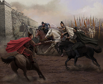 Three heroes combating Hu Lu, man, battle, nead, warrior, horse, asian, art, cal, fight, nex, fantasy HD wallpaper