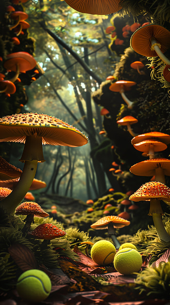 Enchanted Forest Tennis Balls and Mushrooms, tennis ball, mushroom HD phone wallpaper