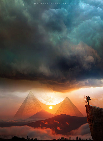 Landscape, Sunset, Art, Clouds, Pyramids, Journey, Hills HD phone wallpaper