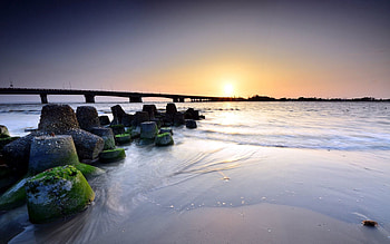 Landscape, Nature, Sunset, Stones, Sea, Sand, Shore, Bank, Wet, Bridge, Calm HD wallpaper