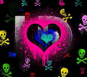 Skulls n Heart, colorful, rainbow, hearts, heart, skulls HD wallpaper