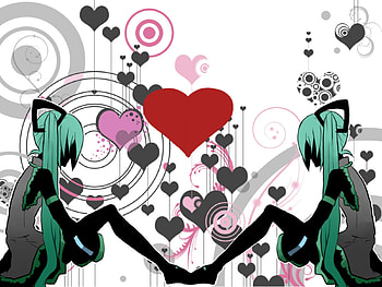 Dual Miku, blue, black, song, vocaloid, miku, music, vocaloids, twin, hatsune, thighhighs, hearts, love is war, skirt, white, hatsune miku, twintail, blue hair, aqua, gray, anime, love, dual HD wallpaper