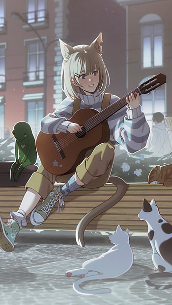Cat Girl Playing The Guitar With Her Cat Friends, sneakers, bench, animal ears, cat, guitar, Anime, Original, anime cat HD phone wallpaper