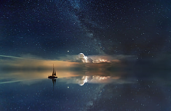 Lake Mirror Reflection Stars Boat Milky Way , reflection, milky-way, digital-universe, boat, stars, graphy, ocean HD wallpaper