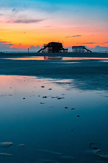 Nature, Water, Sunset, Sky, Sea, Coast, Puddle HD phone wallpaper