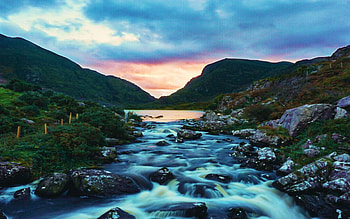 Gap of Dunloe, Killarney, Ireland, clouds, sky, mountains, rocks, stones, stream, sunset HD wallpaper