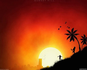 Overlooking the City, colors, skyscraper, buildings, vector, sky, sun, figures, silhouette, sunset HD wallpaper