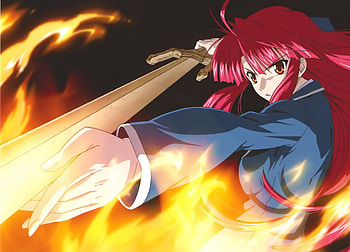 Ayano Kannagi, girl, fire, school outfit, wooden sword HD wallpaper