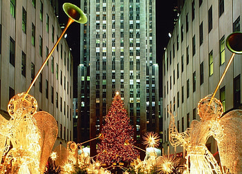 Holidays, City, Skyscrapers, Christmas Tree, Garland, Figures, Figurines, Garlands HD wallpaper
