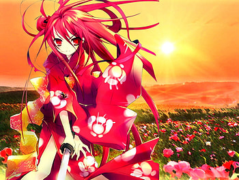 Shana battlefield, shield, kimono, torch, humens, sun, sword, shana, girl, mists, spirit, anime, battle, love, red, yuji, sky, flowers HD wallpaper